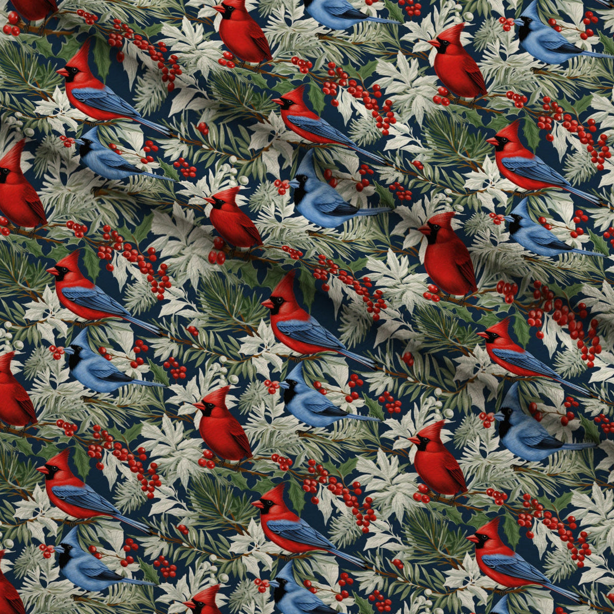 Allover Christmas Cardinals Pattern 1 Fleece Fabric — fleece fabric folded close-up preview (mv-fleece-v1:lying)