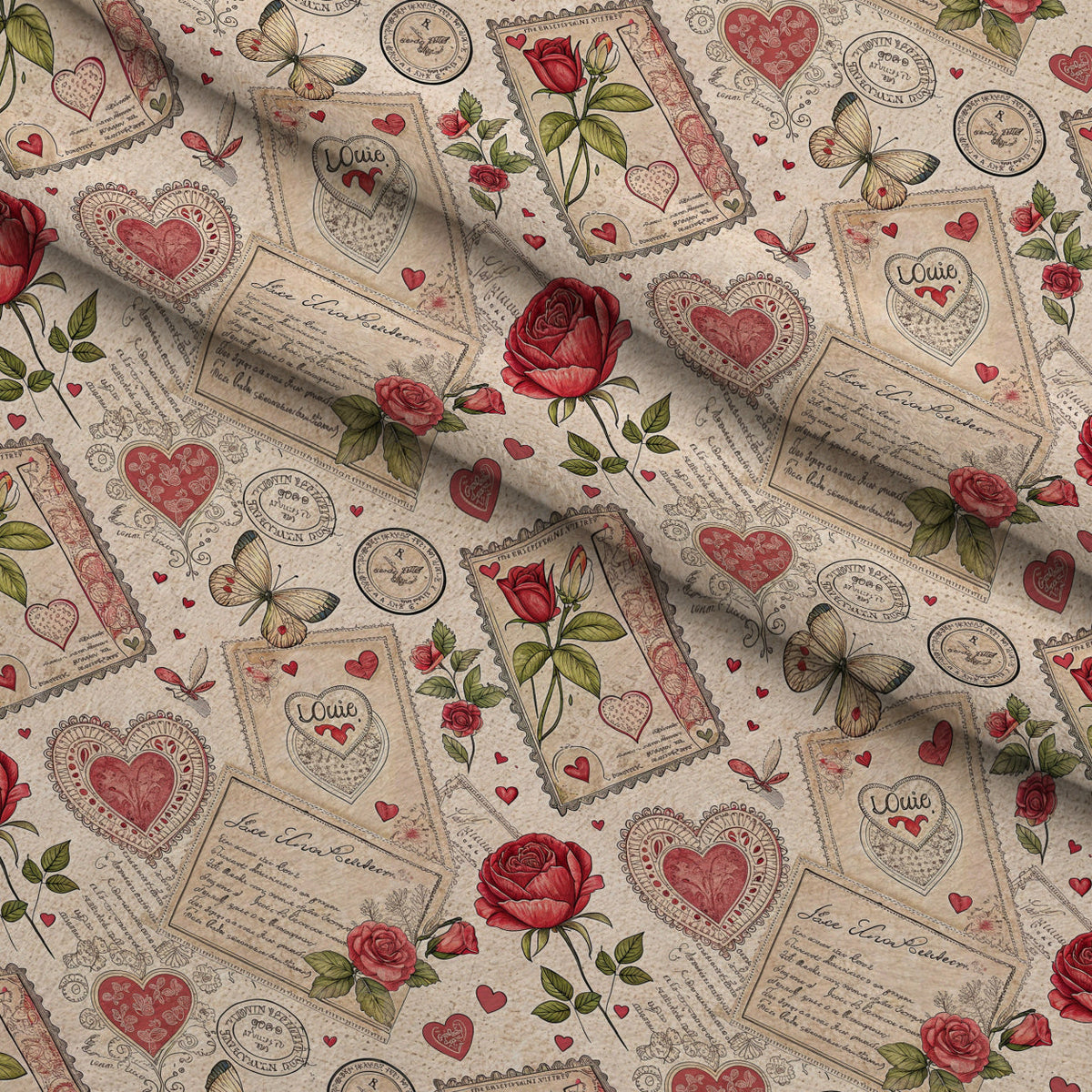 Antique Valentine Postcards Pattern 1 Fleece Fabric — fleece fabric folded close-up preview (mv-fleece-v1:lying)