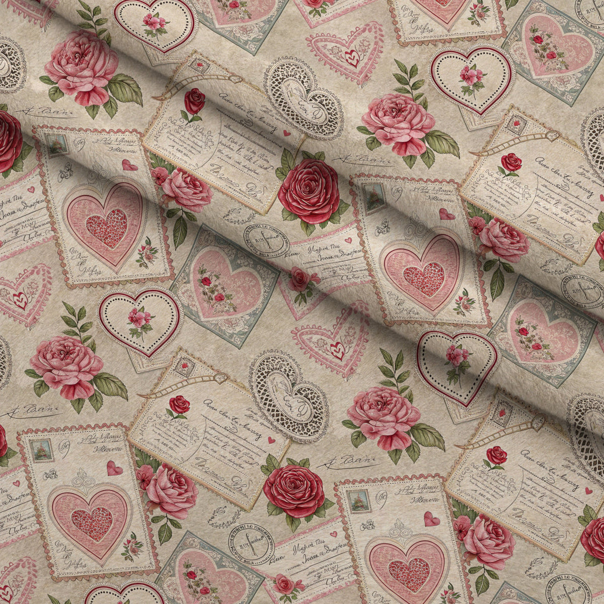Antique Valentine Postcards Pattern 10 Fleece Fabric — fleece fabric folded close-up preview (mv-fleece-v1:lying)