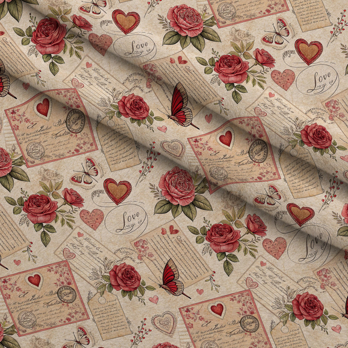Antique Valentine Postcards Pattern 2 Fleece Fabric — fleece fabric folded close-up preview (mv-fleece-v1:lying)