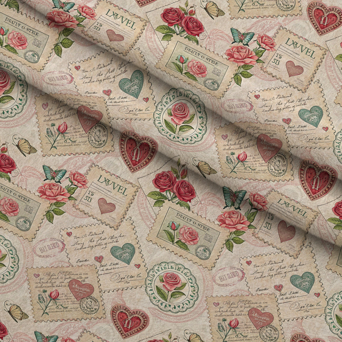 Antique Valentine Postcards Pattern 8 Fleece Fabric — fleece fabric folded close-up preview (mv-fleece-v1:lying)