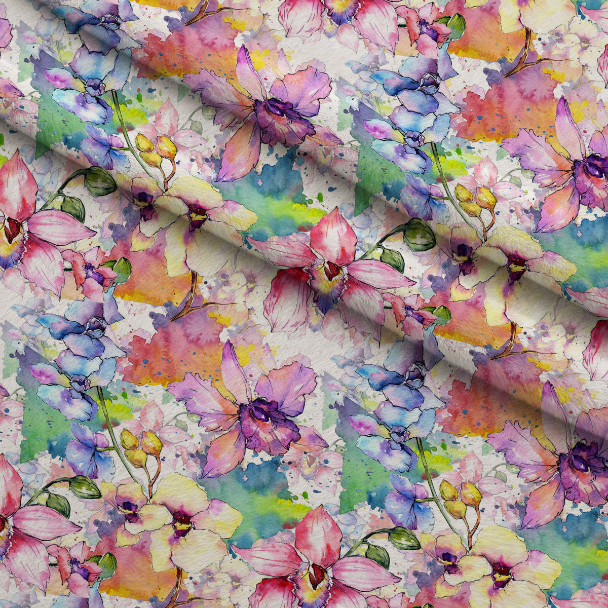 Aquarelle Orchid Flowers Pattern Fleece Fabric — fleece fabric folded close-up preview (mv-fleece-v1:lying)