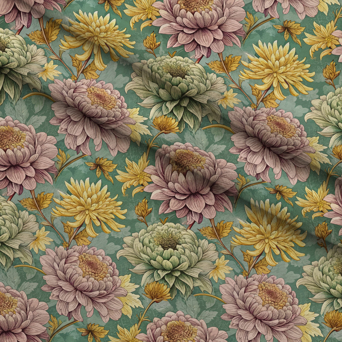 Art Nouveau Chrysanthemums Pattern 1 Fleece Fabric — fleece fabric folded close-up preview (mv-fleece-v1:lying)