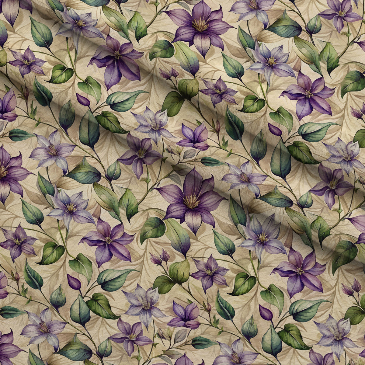 Art Nouveau Clematis Pattern 1 Fleece Fabric — fleece fabric folded close-up preview (mv-fleece-v1:lying)