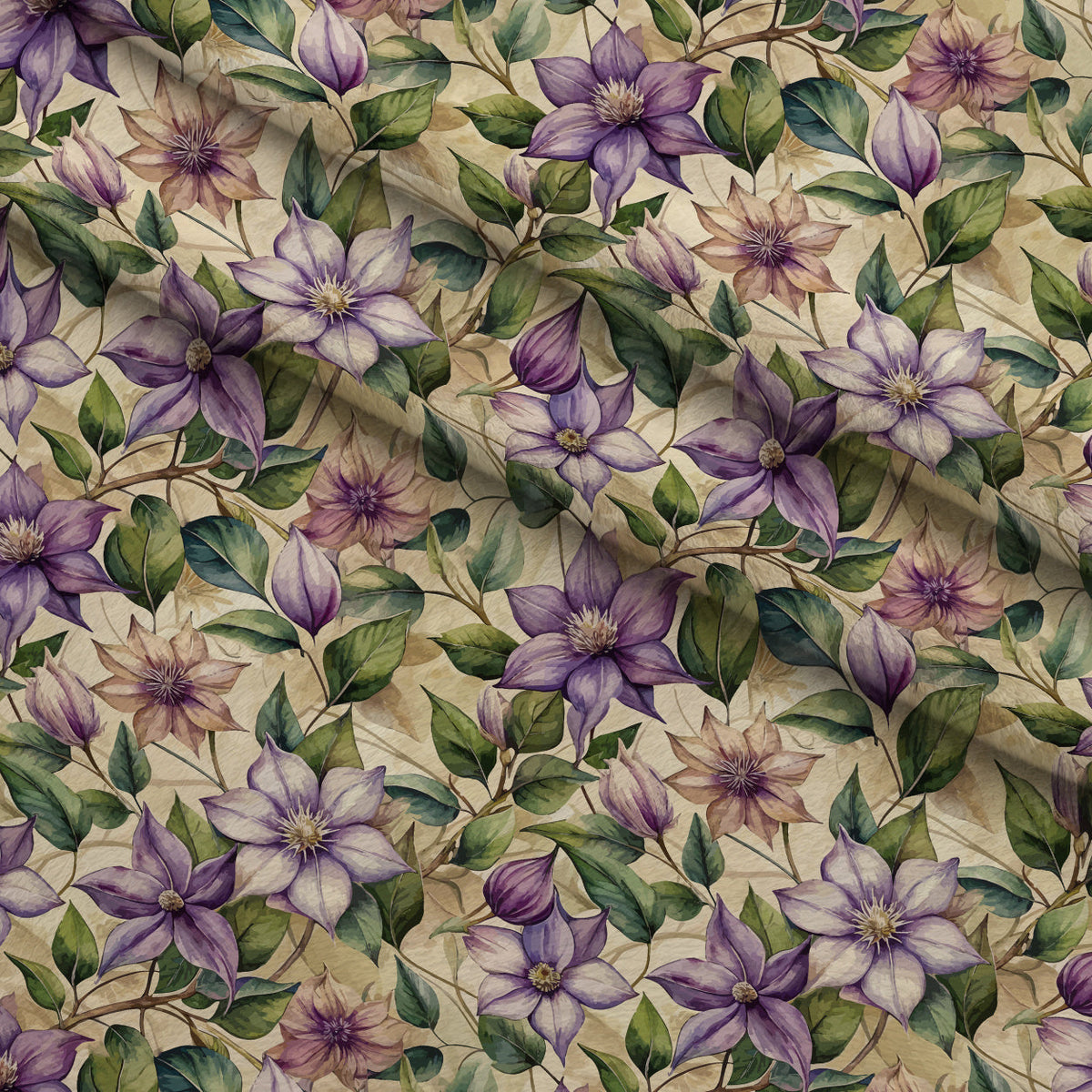 Art Nouveau Clematis Pattern 2 Fleece Fabric — fleece fabric folded close-up preview (mv-fleece-v1:lying)