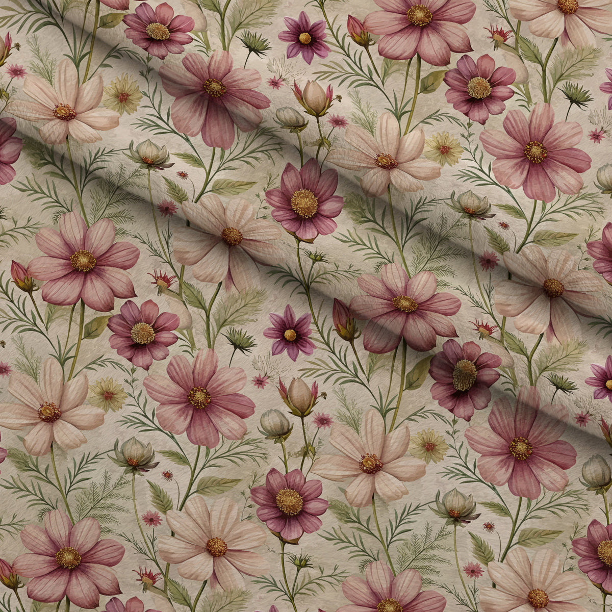 Art Nouveau Cosmos Flowers Pattern 1 Fleece Fabric — fleece fabric folded close-up preview (mv-fleece-v1:lying)