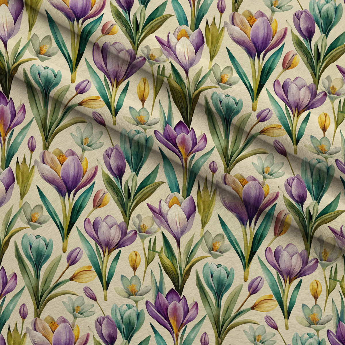 Art Nouveau Crocus Flowers Pattern 1 Fleece Fabric — fleece fabric folded close-up preview (mv-fleece-v1:lying)