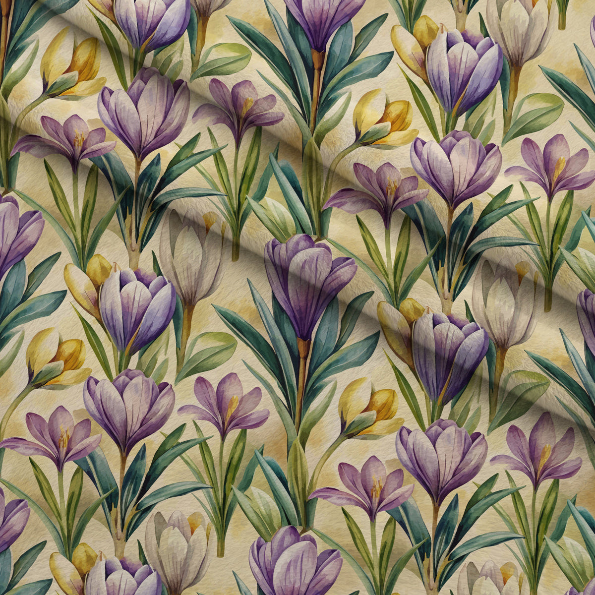 Art Nouveau Crocus Flowers Pattern 2 Fleece Fabric — fleece fabric folded close-up preview (mv-fleece-v1:lying)