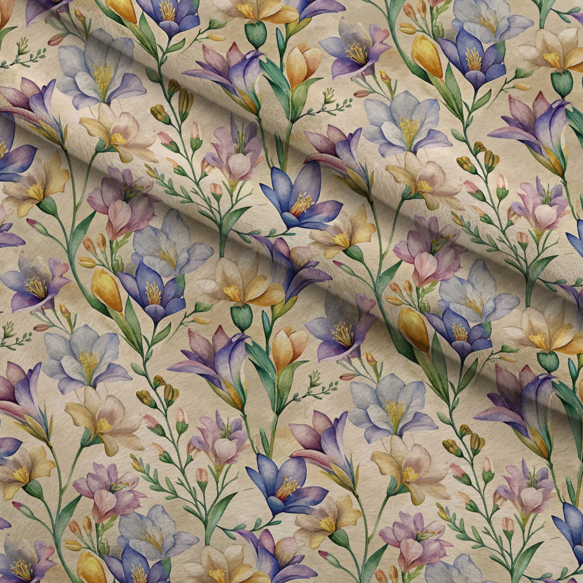 Art Nouveau Freesia Blossoms Pattern 1 Fleece Fabric — fleece fabric folded close-up preview (mv-fleece-v1:lying)
