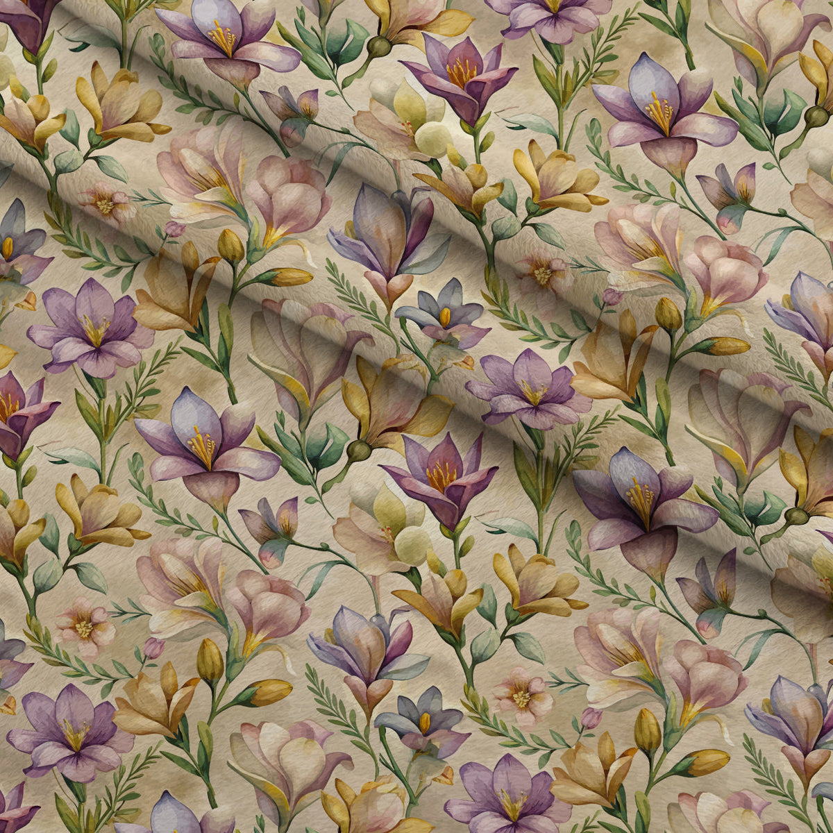 Art Nouveau Freesia Blossoms Pattern 2 Fleece Fabric — fleece fabric folded close-up preview (mv-fleece-v1:lying)