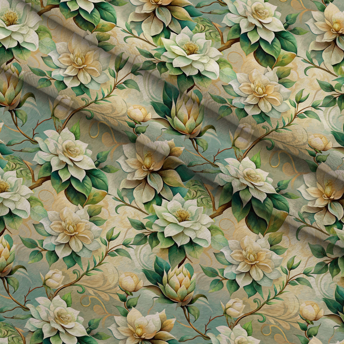 Art Nouveau Gardenias Pattern 1 Fleece Fabric — fleece fabric folded close-up preview (mv-fleece-v1:lying)