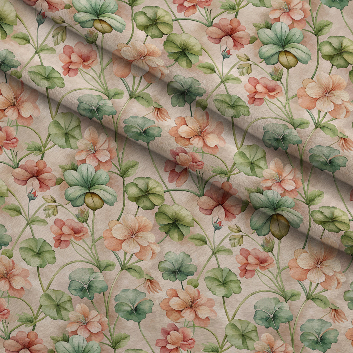 Art Nouveau Geraniums Pattern 1 Fleece Fabric — fleece fabric folded close-up preview (mv-fleece-v1:lying)
