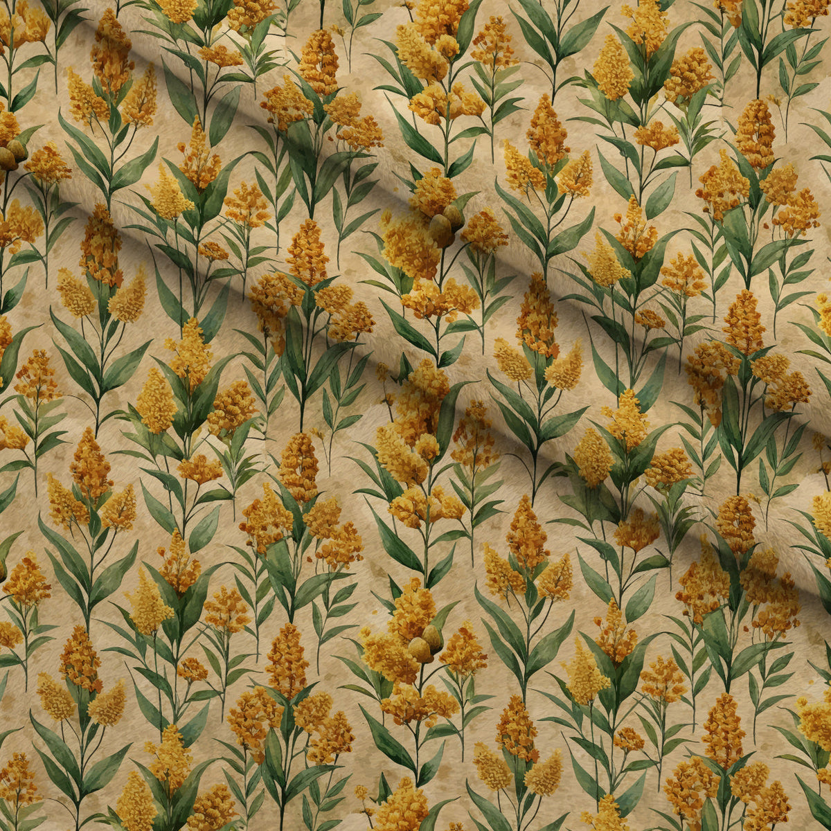 Art Nouveau Goldenrods Pattern 2 Fleece Fabric — fleece fabric folded close-up preview (mv-fleece-v1:lying)