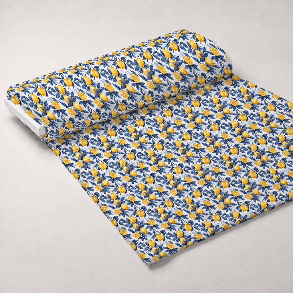Azulejo Lemons with Blue Leaves Pattern 1 Fleece Fabric — fleece fabric unrolled bolt preview (mv-fleece-v1:bolt)