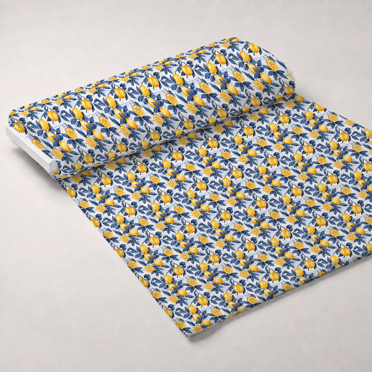 Azulejo Lemons with Blue Leaves Pattern 1 Fleece Fabric — fleece fabric unrolled bolt preview (mv-fleece-v1:bolt)