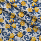 Azulejo Lemons with Blue Leaves Pattern 1 Fleece Fabric — fleece fabric folded close-up preview (mv-fleece-v1:lying)