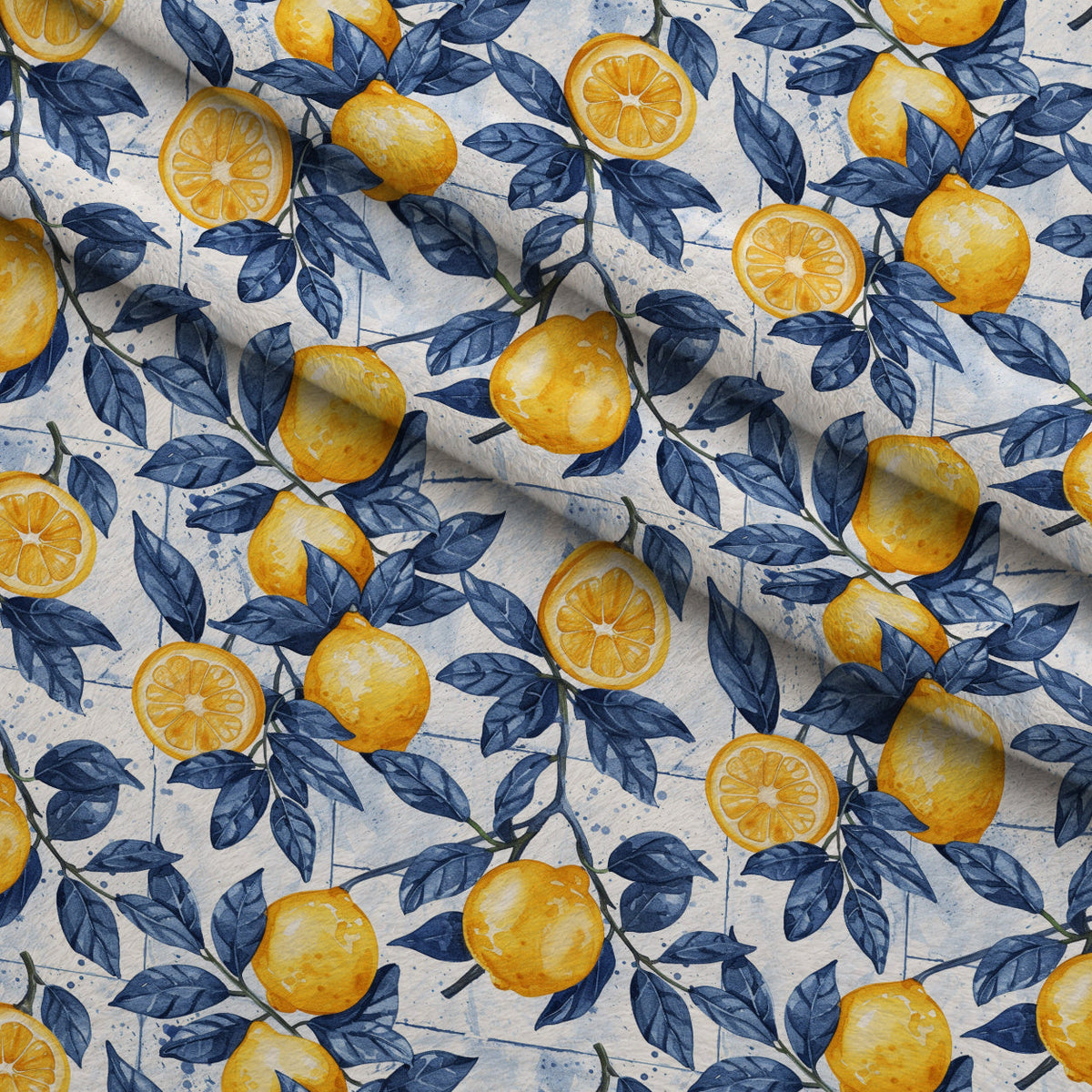 Azulejo Lemons with Blue Leaves Pattern 1 Fleece Fabric — fleece fabric folded close-up preview (mv-fleece-v1:lying)