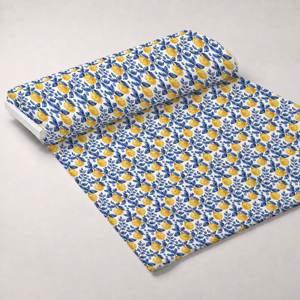 Azulejo Lemons with Blue Leaves Pattern 10 Fleece Fabric — fleece fabric unrolled bolt preview (mv-fleece-v1:bolt)