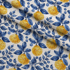 Azulejo Lemons with Blue Leaves Pattern 10 Fleece Fabric — fleece fabric folded close-up preview (mv-fleece-v1:lying)