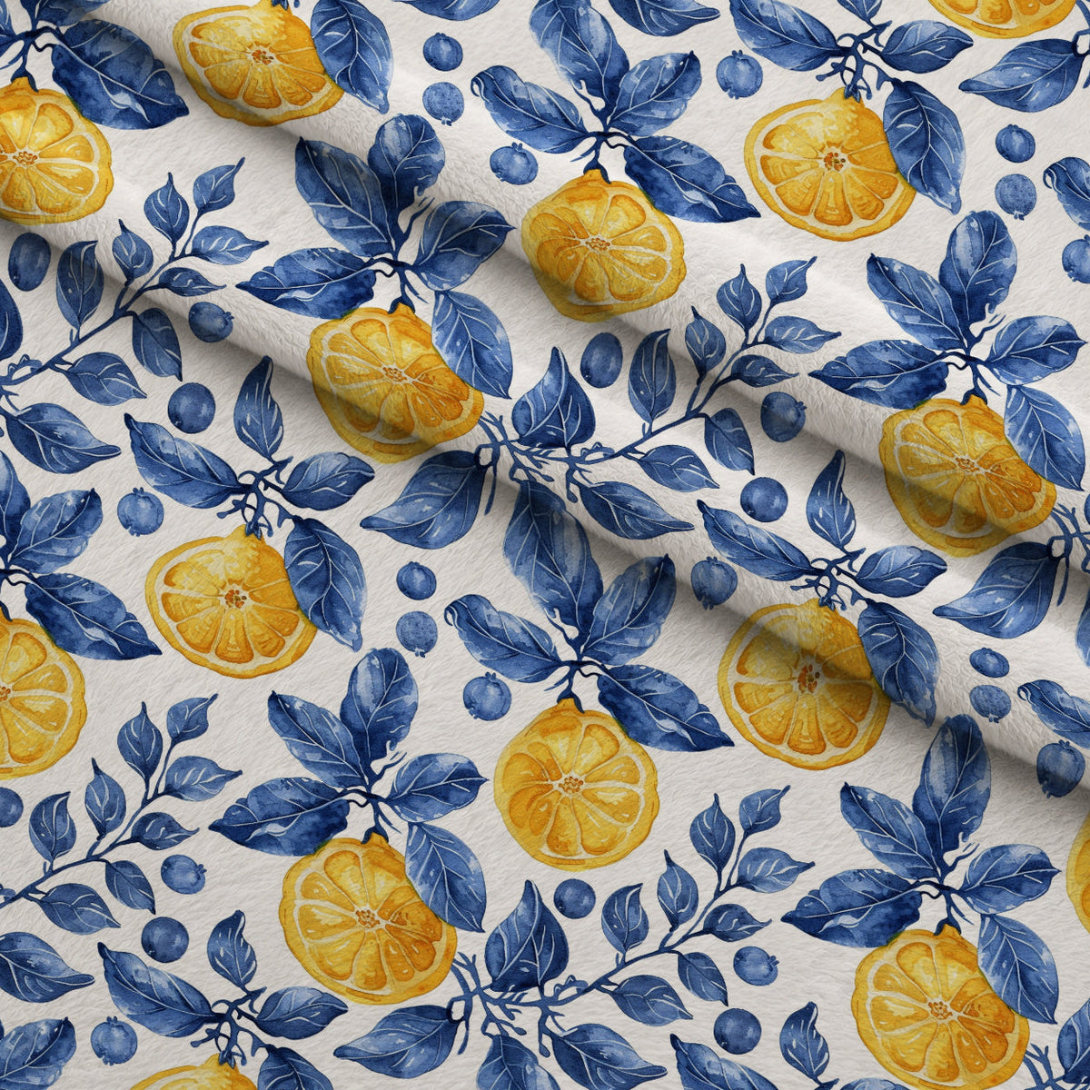 Azulejo Lemons with Blue Leaves Pattern 10 Fleece Fabric — fleece fabric folded close-up preview (mv-fleece-v1:lying)