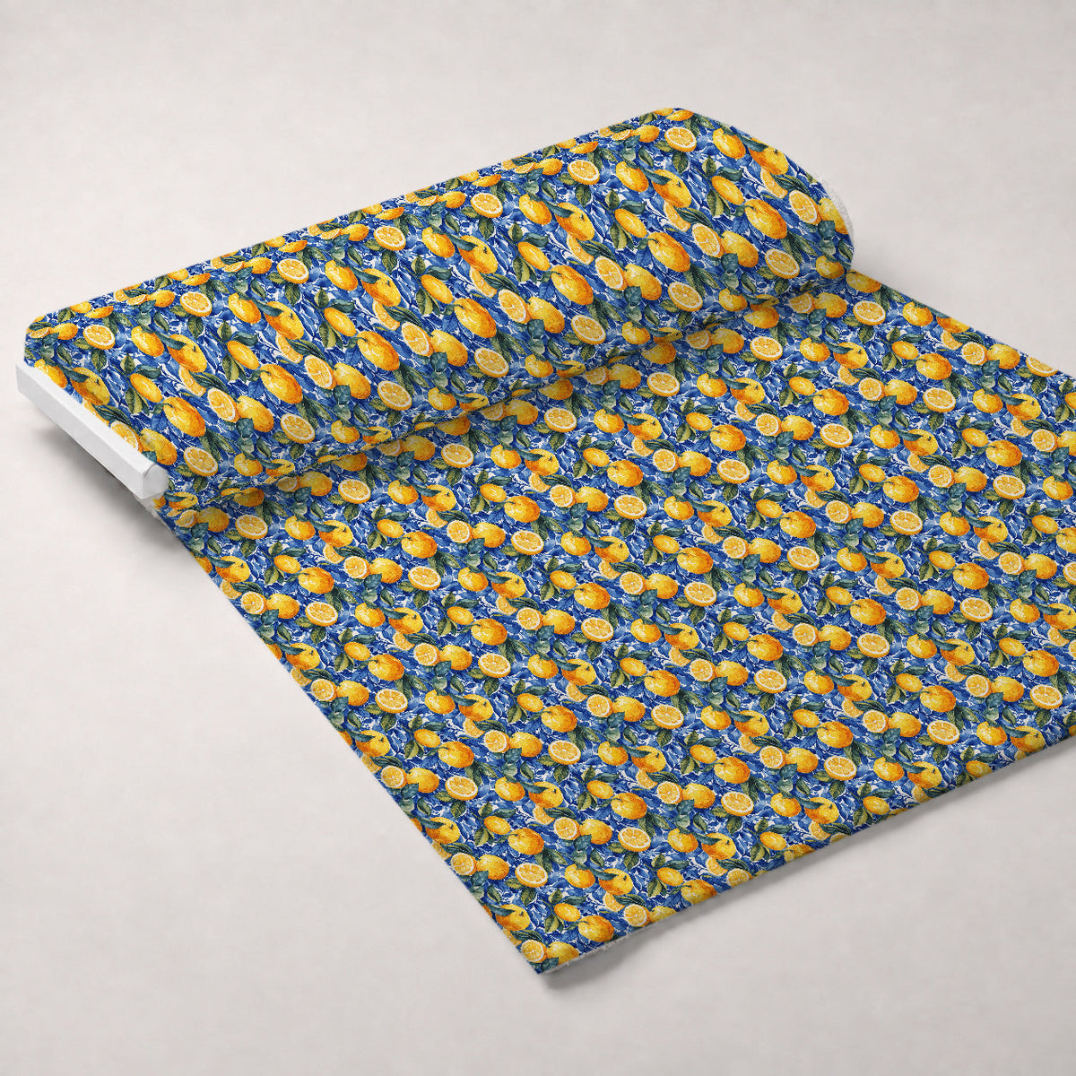 Azulejo Lemons with Blue Leaves Pattern 2 Fleece Fabric — fleece fabric unrolled bolt preview (mv-fleece-v1:bolt)