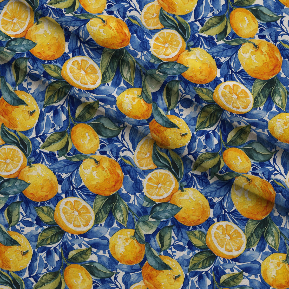 Azulejo Lemons with Blue Leaves Pattern 2 Fleece Fabric — fleece fabric folded close-up preview (mv-fleece-v1:lying)