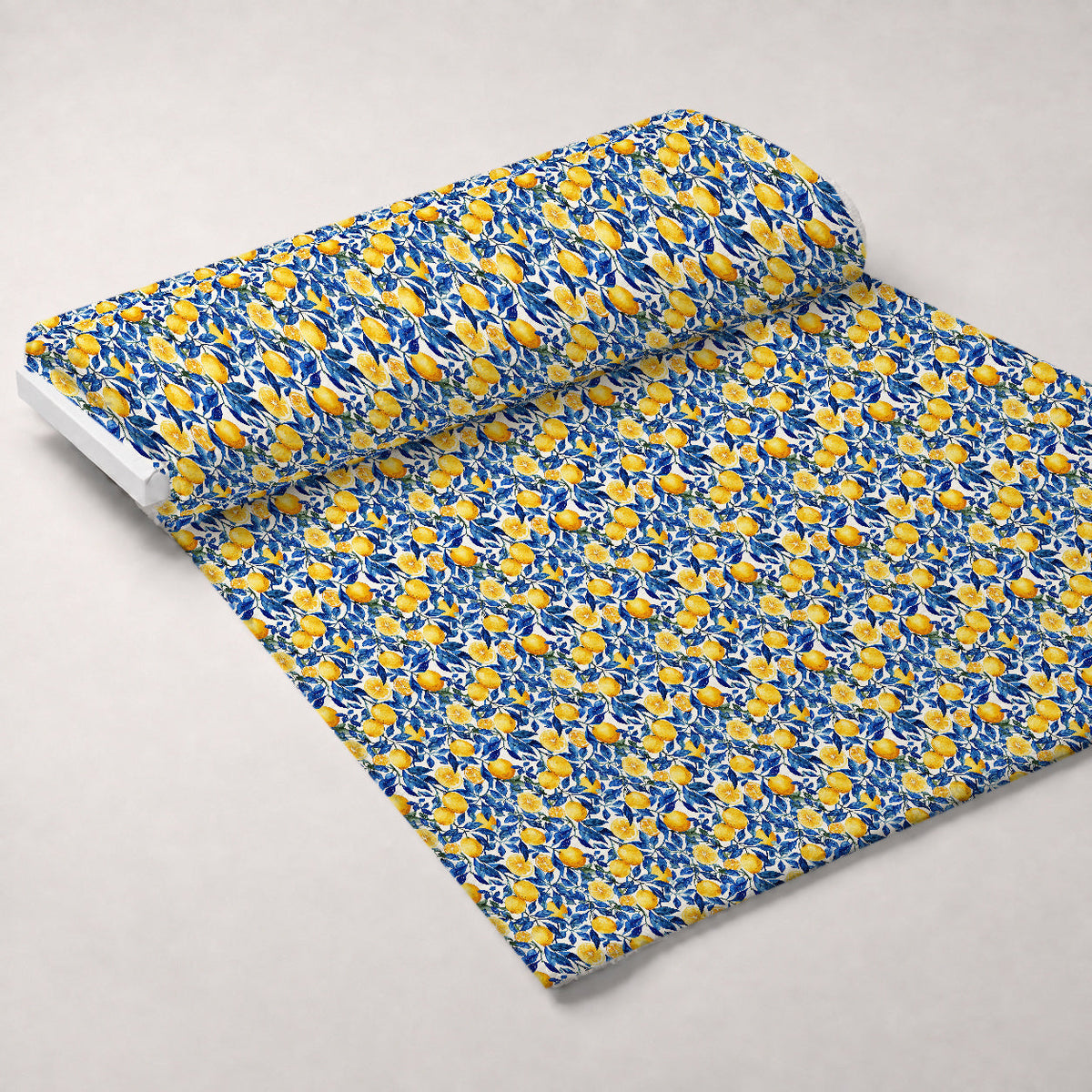 Azulejo Lemons with Blue Leaves Pattern 3 Fleece Fabric — fleece fabric unrolled bolt preview (mv-fleece-v1:bolt)