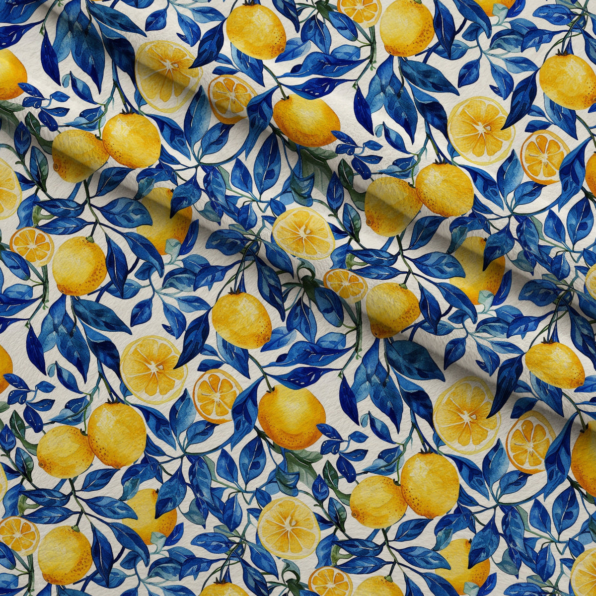 Azulejo Lemons with Blue Leaves Pattern 3 Fleece Fabric — fleece fabric folded close-up preview (mv-fleece-v1:lying)