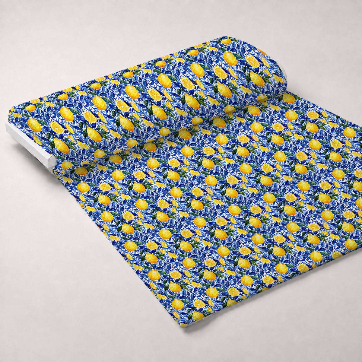 Azulejo Lemons with Blue Leaves Pattern 4 Fleece Fabric — fleece fabric unrolled bolt preview (mv-fleece-v1:bolt)