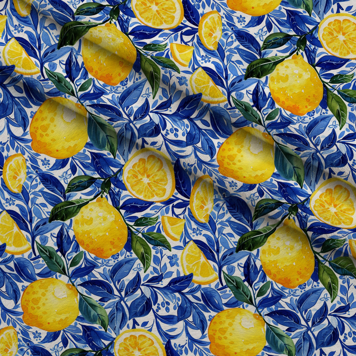 Azulejo Lemons with Blue Leaves Pattern 4 Fleece Fabric — fleece fabric folded close-up preview (mv-fleece-v1:lying)