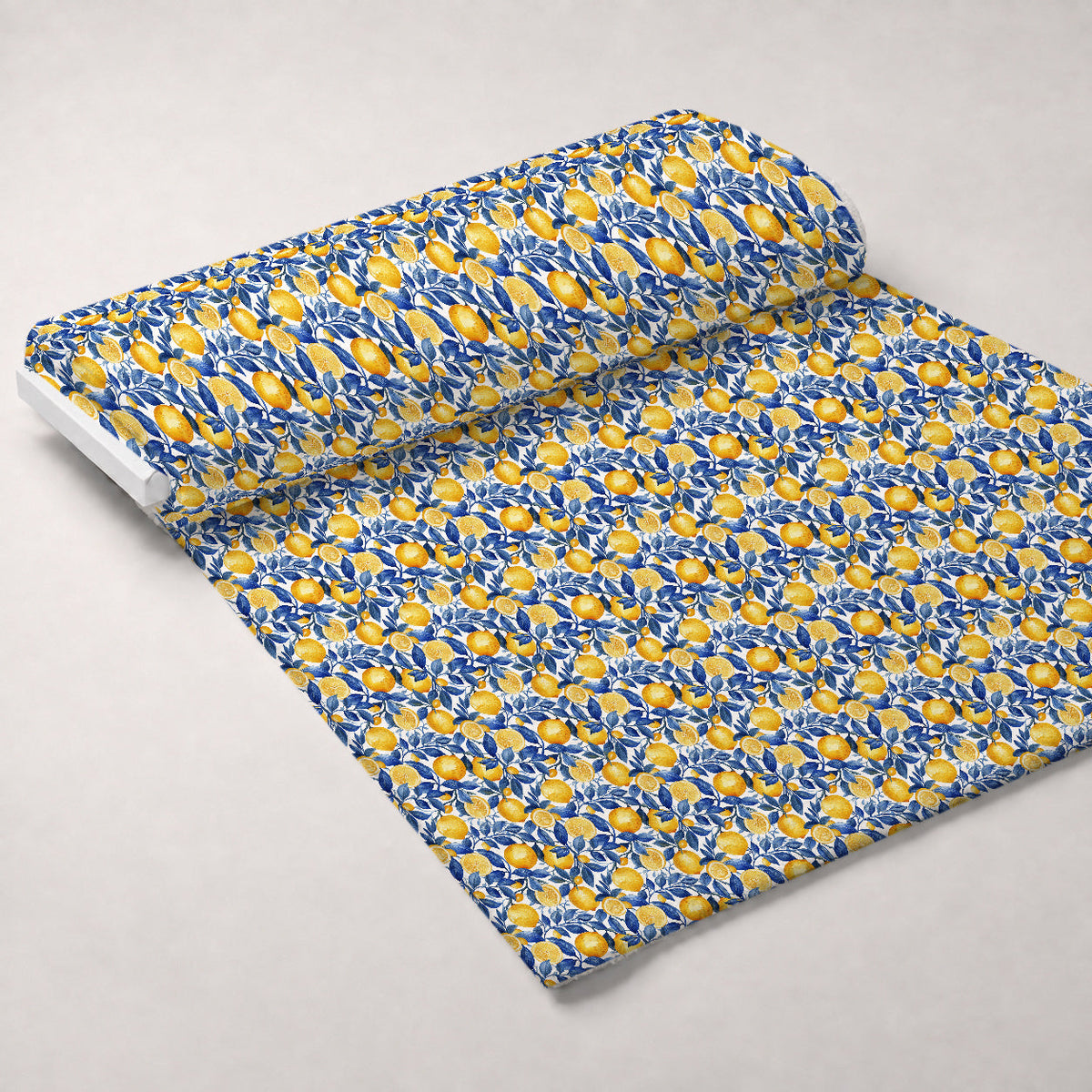 Azulejo Lemons with Blue Leaves Pattern 5 Fleece Fabric — fleece fabric unrolled bolt preview (mv-fleece-v1:bolt)
