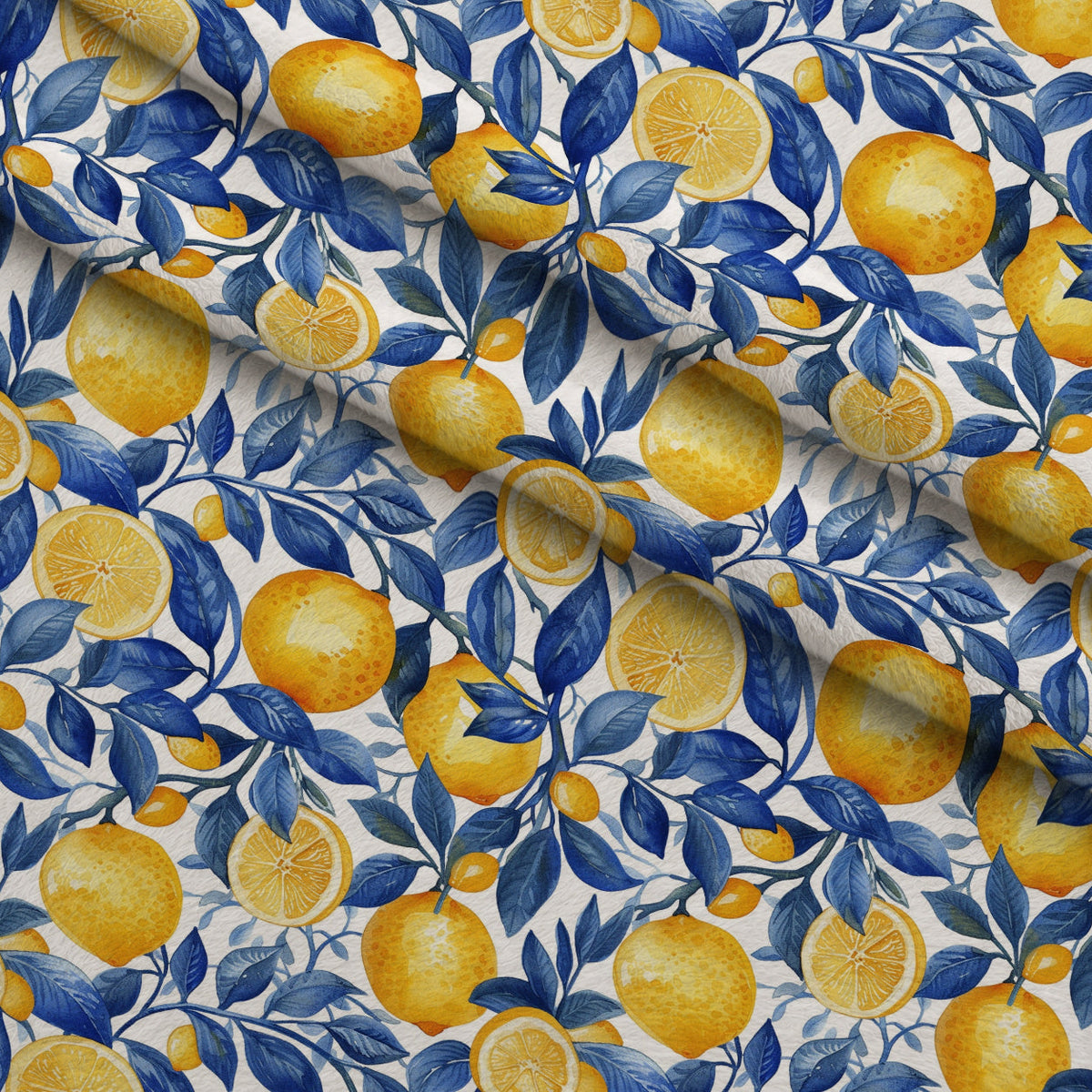 Azulejo Lemons with Blue Leaves Pattern 5 Fleece Fabric — fleece fabric folded close-up preview (mv-fleece-v1:lying)