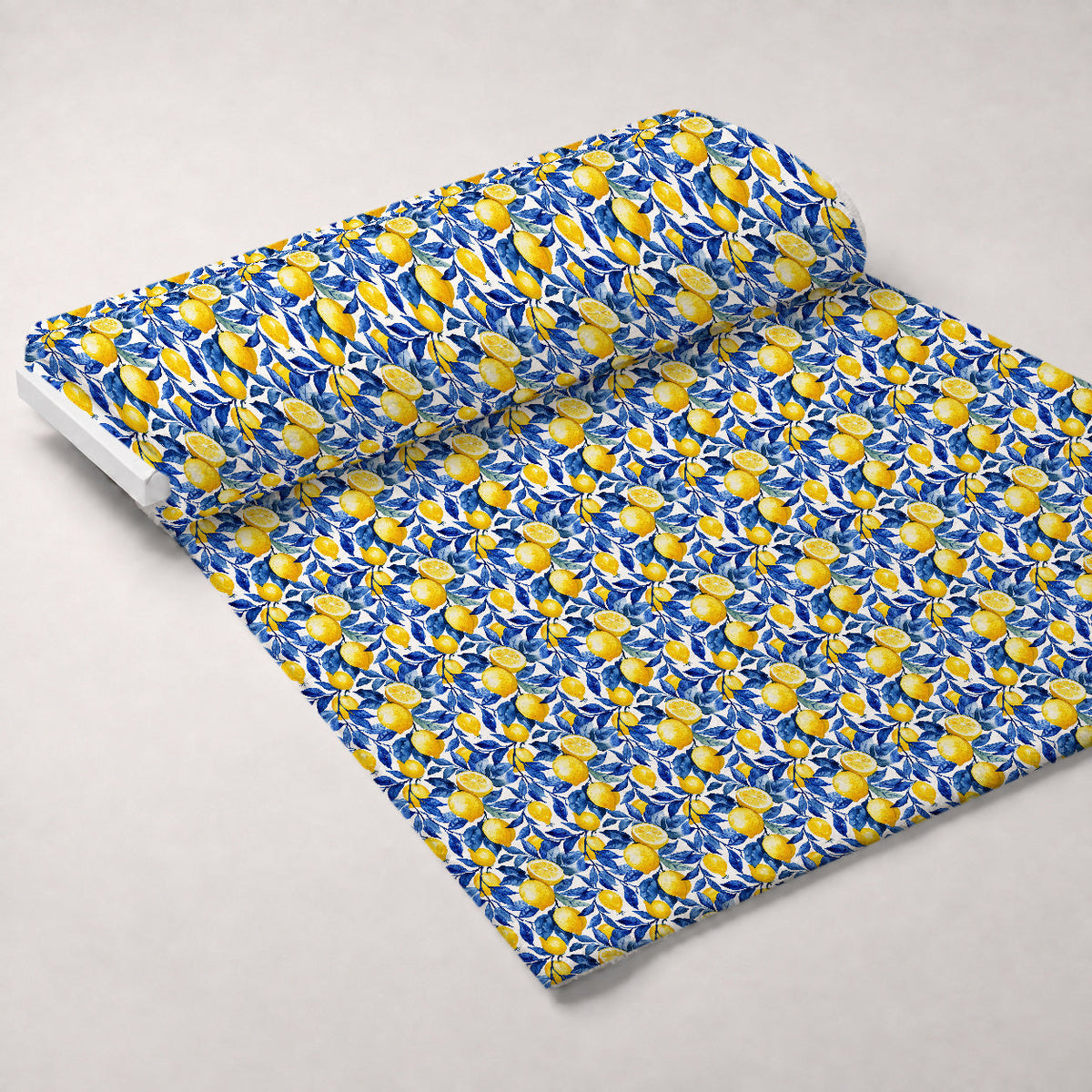 Azulejo Lemons with Blue Leaves Pattern 6 Fleece Fabric — fleece fabric unrolled bolt preview (mv-fleece-v1:bolt)