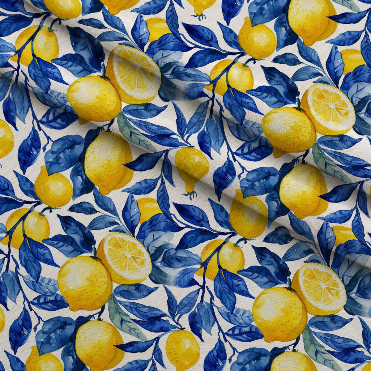 Azulejo Lemons with Blue Leaves Pattern 6 Fleece Fabric — fleece fabric folded close-up preview (mv-fleece-v1:lying)