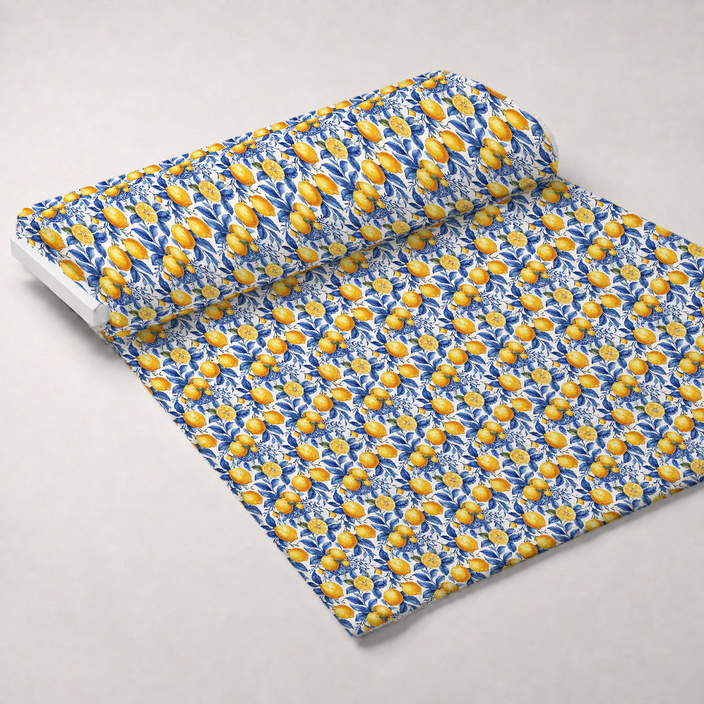 Azulejo Lemons with Blue Leaves Pattern 7 Fleece Fabric — fleece fabric unrolled bolt preview (mv-fleece-v1:bolt)