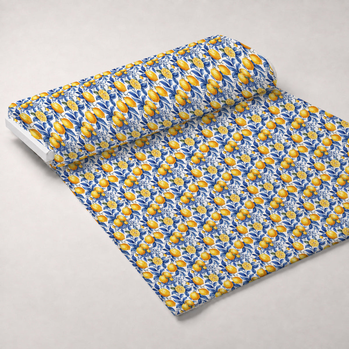 Azulejo Lemons with Blue Leaves Pattern 7 Fleece Fabric — fleece fabric unrolled bolt preview (mv-fleece-v1:bolt)