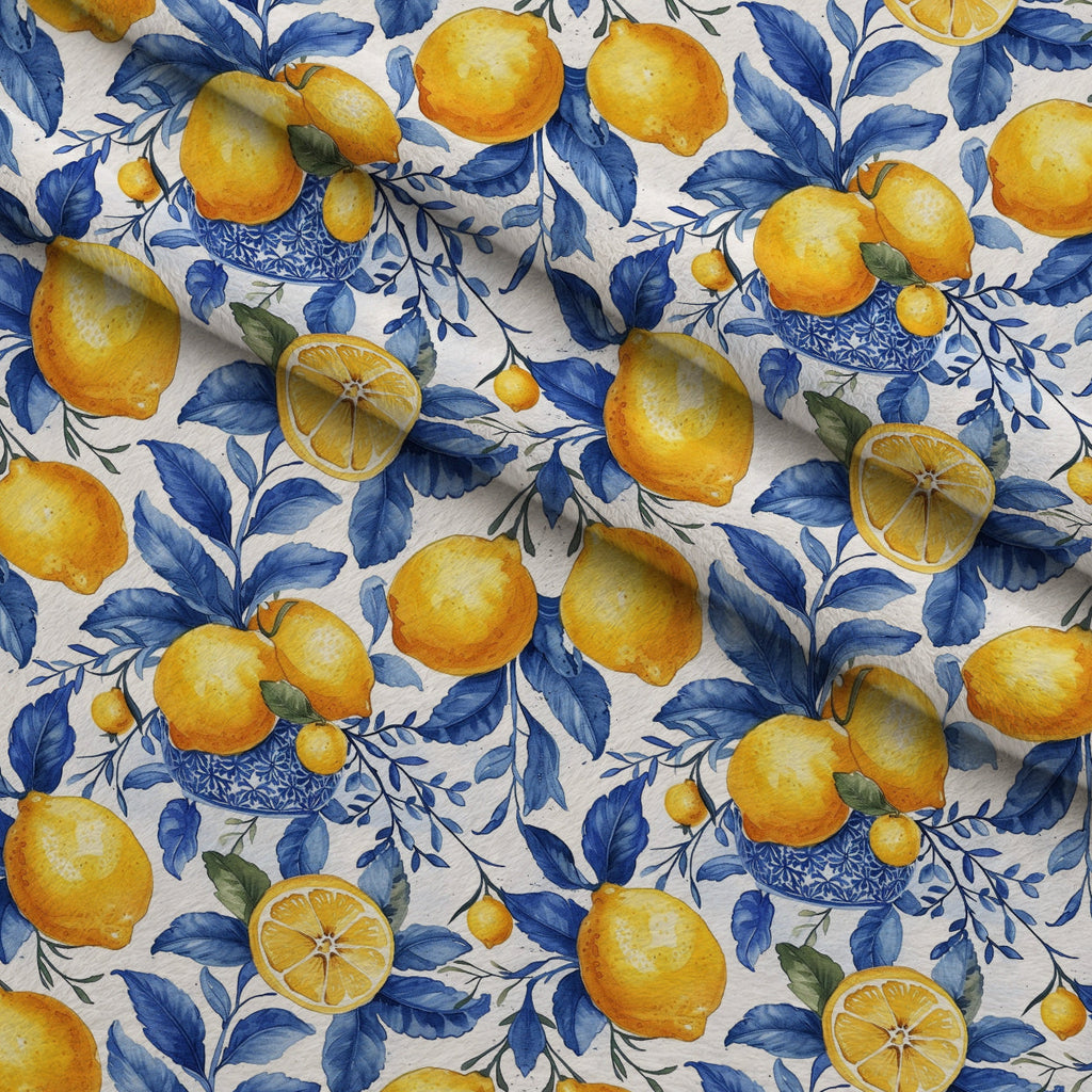 Azulejo Lemons with Blue Leaves Pattern 7 Fleece Fabric — fleece fabric folded close-up preview (mv-fleece-v1:lying)