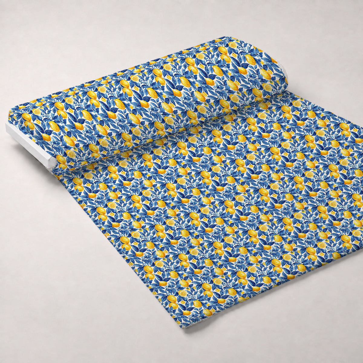Azulejo Lemons with Blue Leaves Pattern 8 Fleece Fabric — fleece fabric unrolled bolt preview (mv-fleece-v1:bolt)