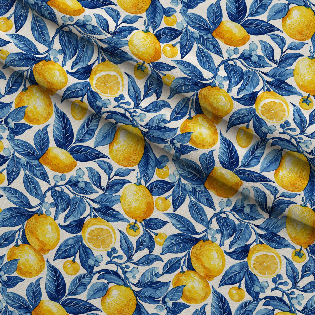 Azulejo Lemons with Blue Leaves Pattern 8 Fleece Fabric — fleece fabric folded close-up preview (mv-fleece-v1:lying)
