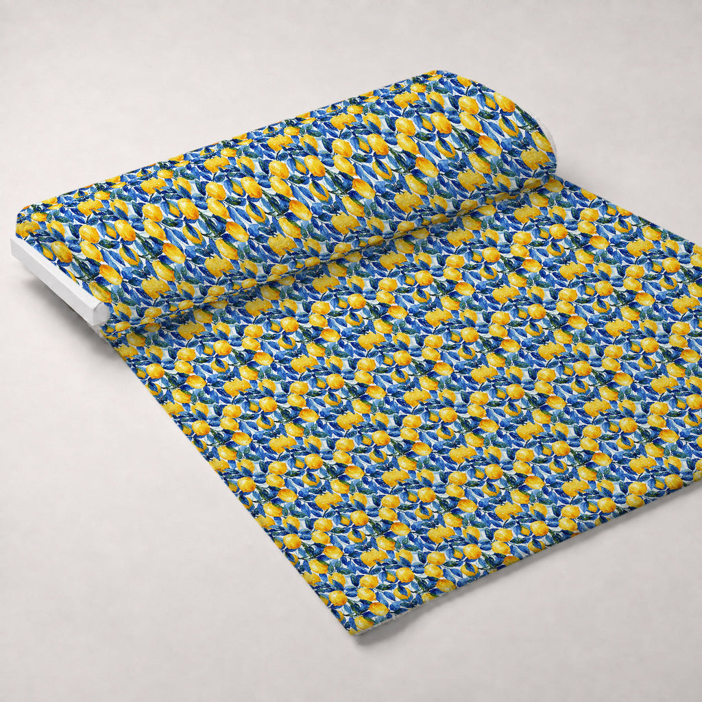 Azulejo Lemons with Blue Leaves Pattern 9 Fleece Fabric — fleece fabric unrolled bolt preview (mv-fleece-v1:bolt)