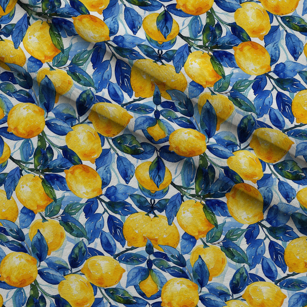 Azulejo Lemons with Blue Leaves Pattern 9 Fleece Fabric — fleece fabric folded close-up preview (mv-fleece-v1:lying)
