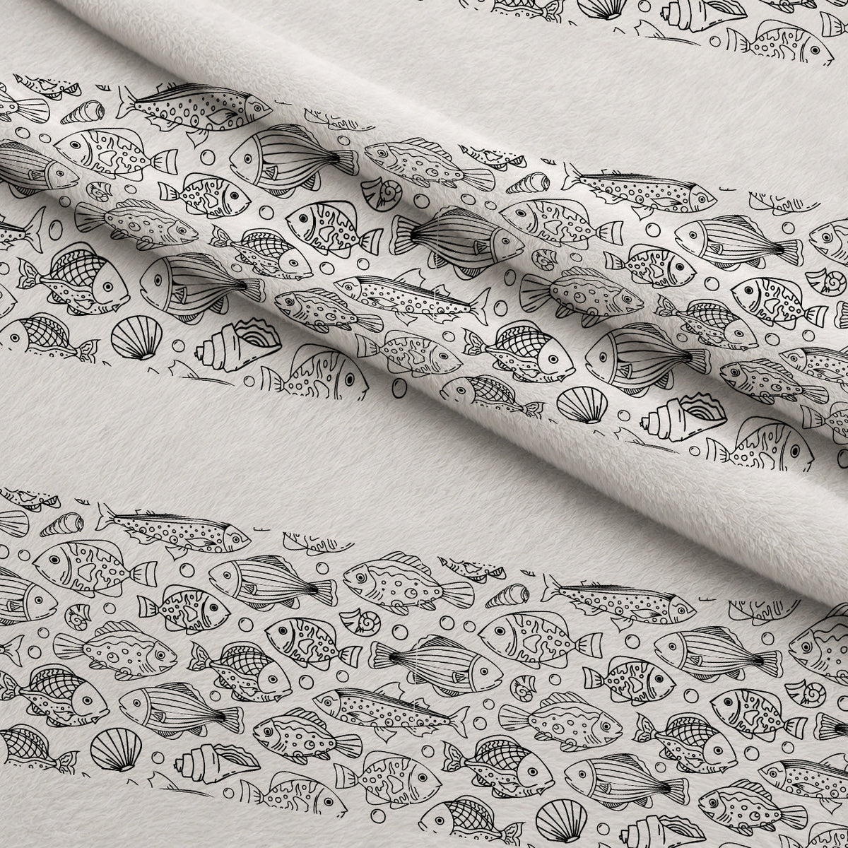 Black and White Handdrawn Fish Fleece Fabric — fleece fabric folded close-up preview (mv-fleece-v1:lying)