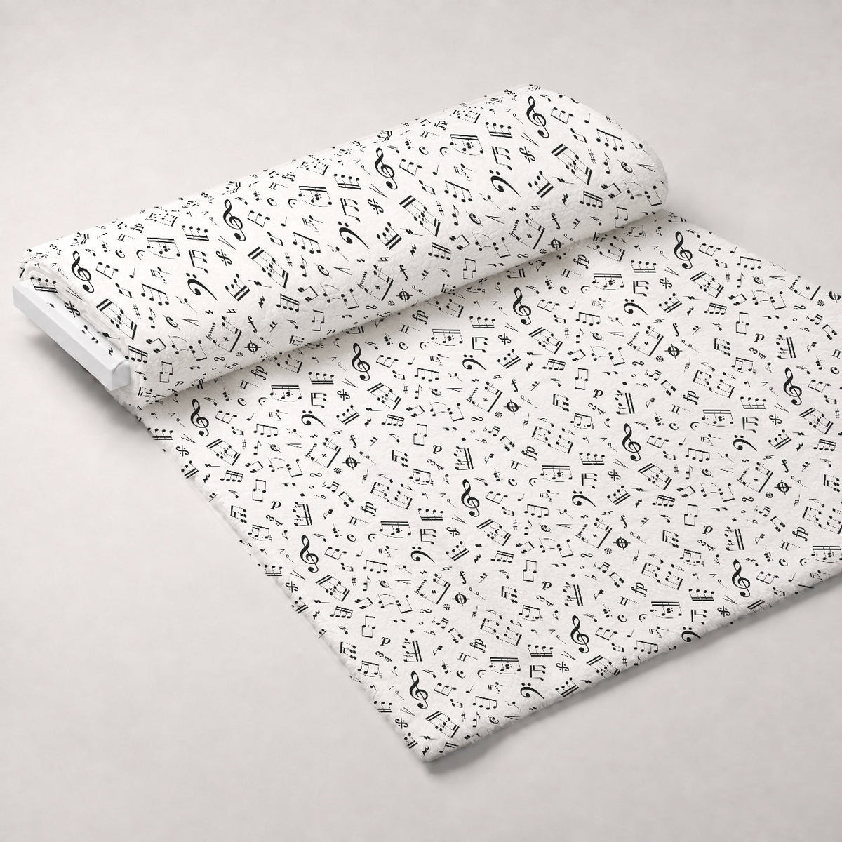 Black and White Music Notes Fleece Fabric — fleece fabric unrolled bolt preview (mv-fleece-v1:bolt)
