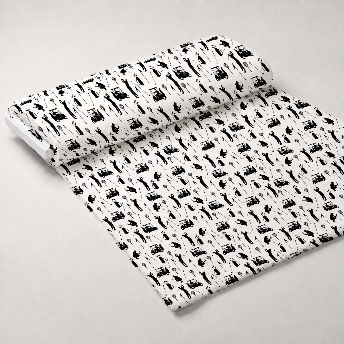 Black and White Silhouette Golfing Fleece Fabric — fleece fabric unrolled bolt preview (mv-fleece-v1:bolt)
