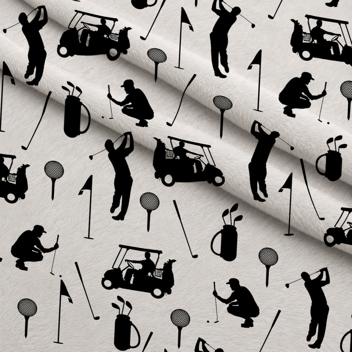 Black and White Silhouette Golfing Fleece Fabric — fleece fabric folded close-up preview (mv-fleece-v1:lying)