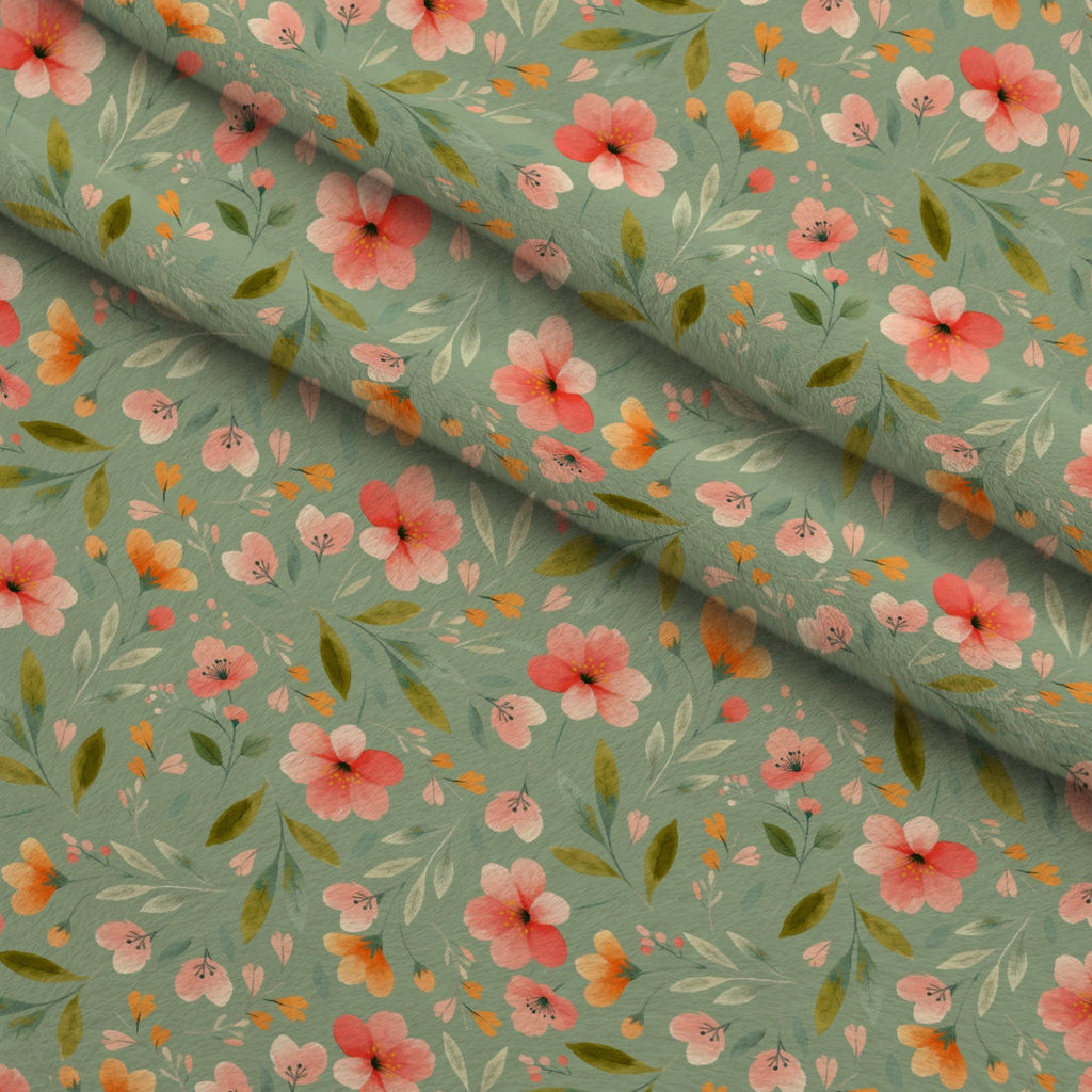 Bloom Time Blooms Green Fleece Fabric — fleece fabric folded close-up preview (mv-fleece-v1:lying)