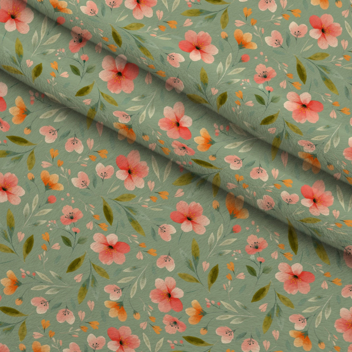 Bloom Time Blooms Green Fleece Fabric — fleece fabric folded close-up preview (mv-fleece-v1:lying)
