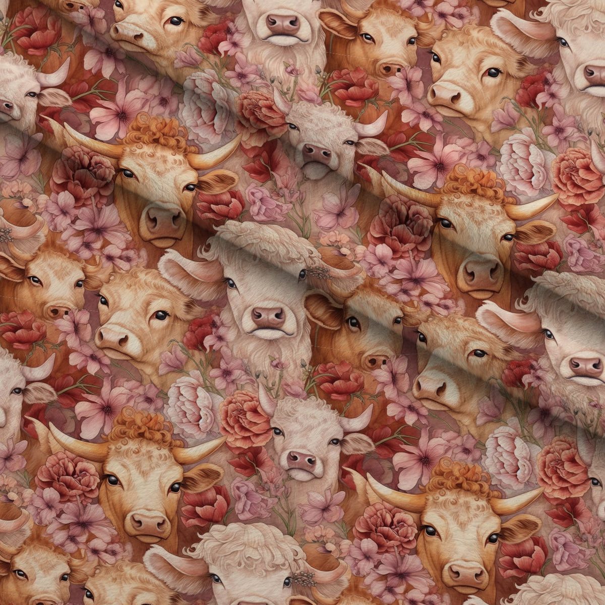 Blooming Bovines Pattern 2 Fleece Fabric — fleece fabric folded close-up preview (mv-fleece-v1:lying)