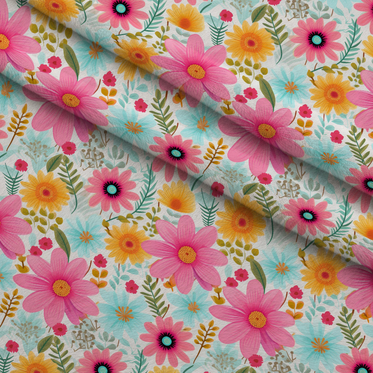 Bright Summer Blooming Flowers 1 Fleece Fabric — fleece fabric folded close-up preview (mv-fleece-v1:lying)