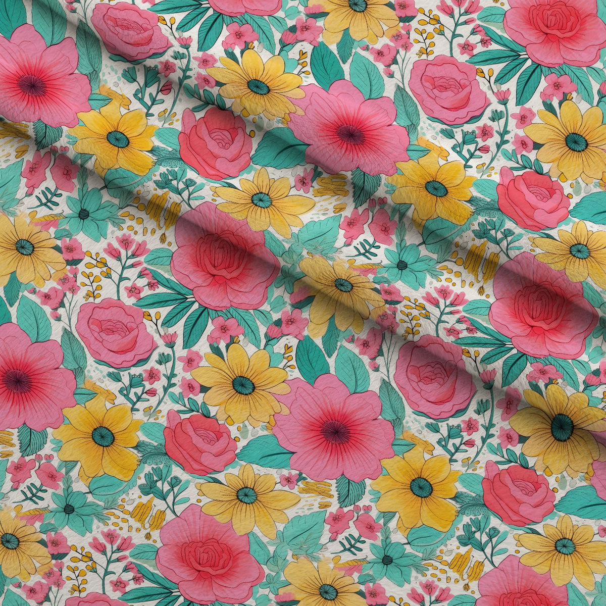 Bright Summer Blooming Flowers 12 Fleece Fabric — fleece fabric folded close-up preview (mv-fleece-v1:lying)